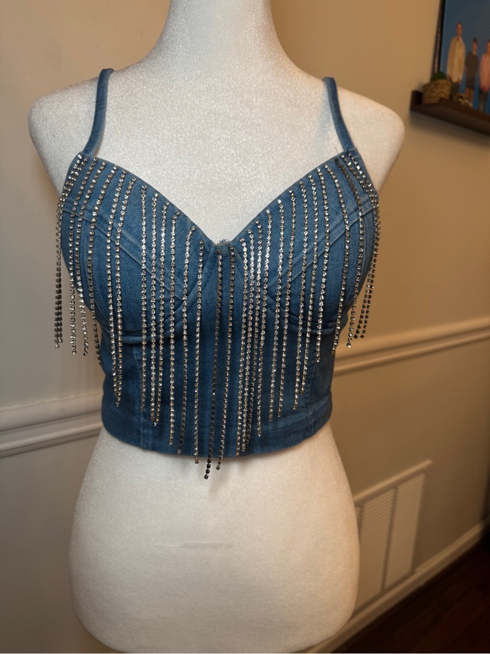 Haute Monde Denim Rhinestone Fringe Bustier Crop Top Blue Size Small